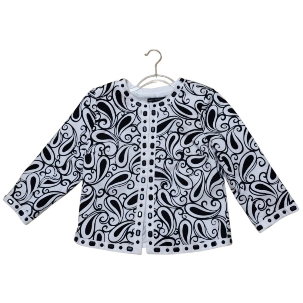 Marina Luna Blazer Jacket Women S Black & White Embellished Paisley 3/4 Sleeves